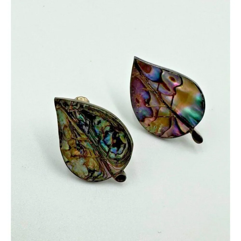 Vintage Abalone Leaf Earrings Screw Backs Sterling Silver Iridescent Shell